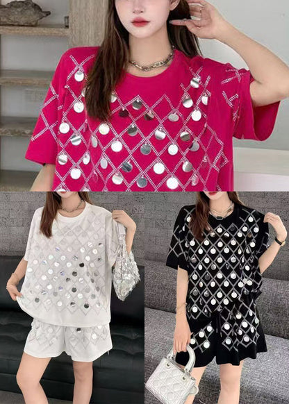 Organic White Sequins Cotton Two Piece Set Women Clothing Summer