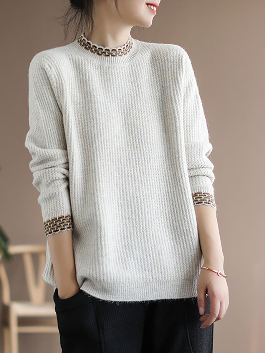 Women Vintage Winter Spliced Knitted Loose Sweater