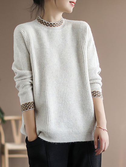Women Vintage Winter Spliced Knitted Loose Sweater