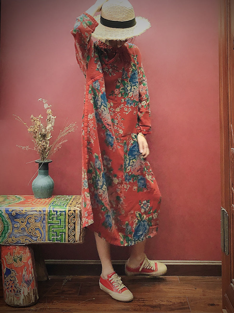 Women Cotton Vintage Print Casual Loose Dress