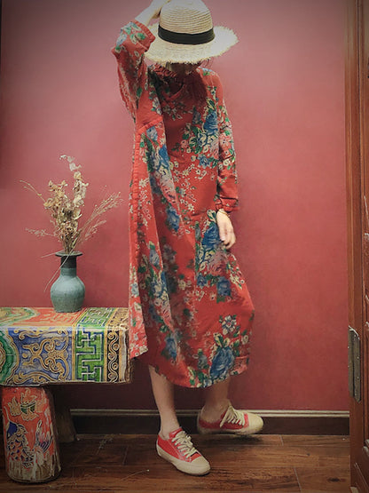 Women Cotton Vintage Print Casual Loose Dress