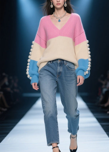 Unique Colorblock V Neck Nail Bead Patchwork Knit Sweaters Fall