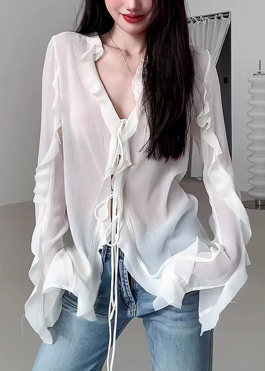 Natural White V Neck Ruffled Solid Chiffon Shirt Fall