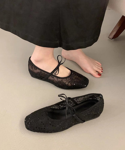 Women Beige Breathable Mesh Embroidered Flats Splicing Bow