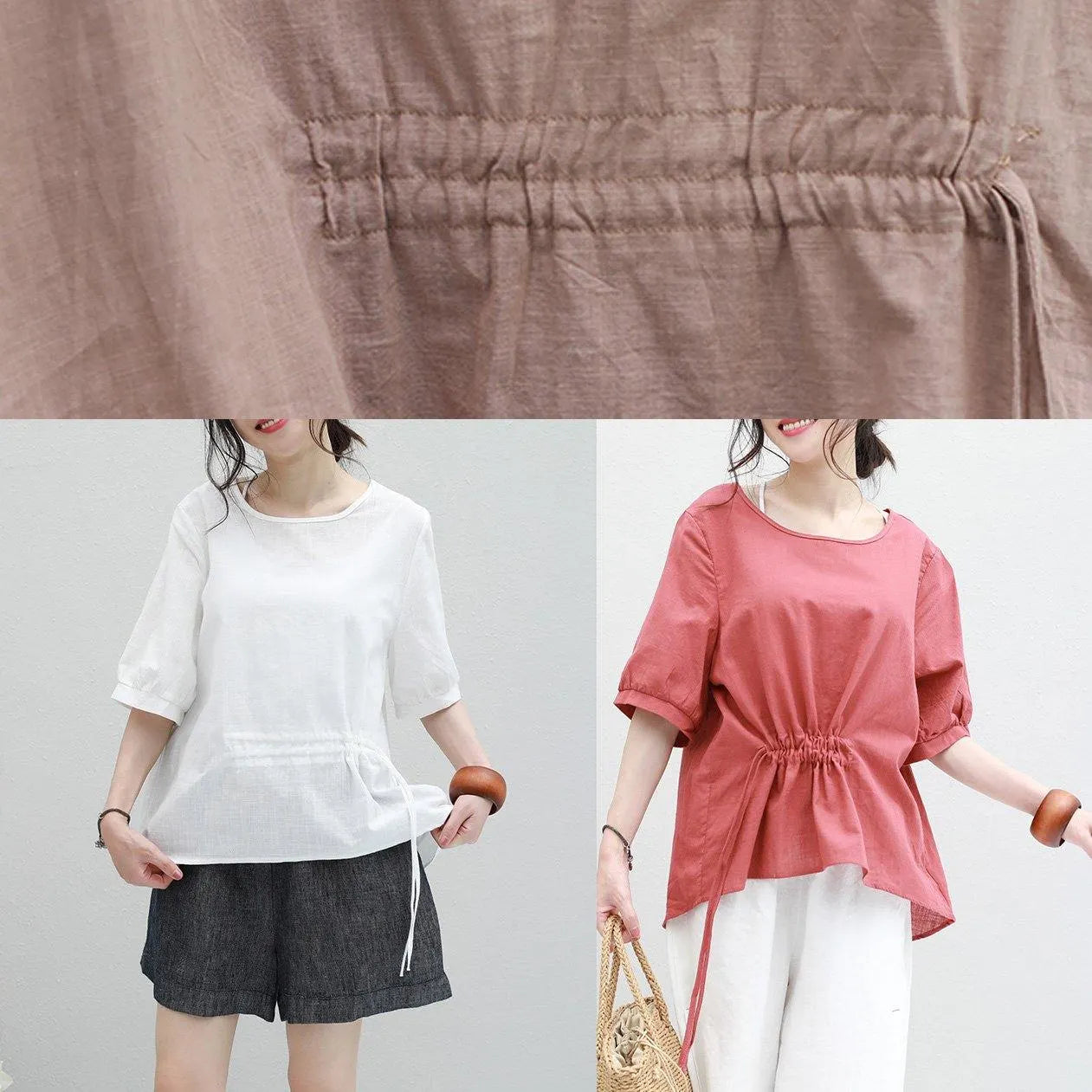 Bohemian half sleeve linen tunic top red drawstring loose top summer