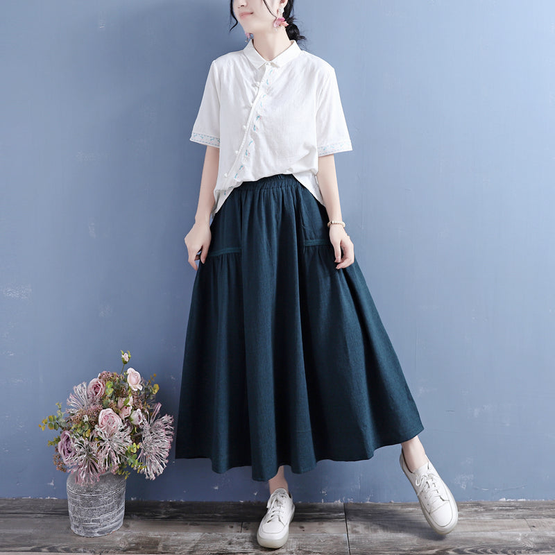 Women Retro Cotton Linen Autumn Pleated Skirt