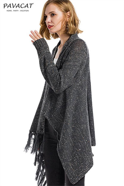 Tassel Asymmetrical Hem Shawl Speckled Fringe Cardigan - Khaki