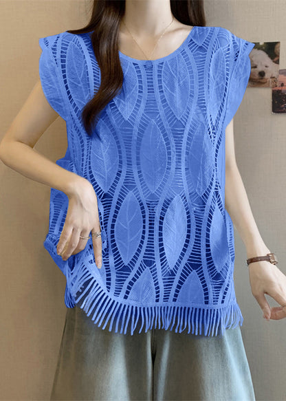 Blue Tasseled Solid Cotton Tank O-Neck Summer