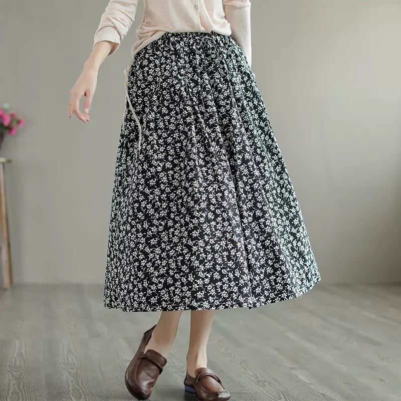 Women Cozy Retro Black Floral Cotton A-Line Skirt
