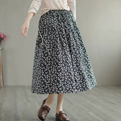 Women Cozy Retro Black Floral Cotton A-Line Skirt