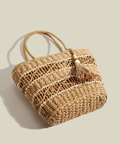 Retro Khaki Tasseled Hollow Out Straw Woven Shoulder Bags