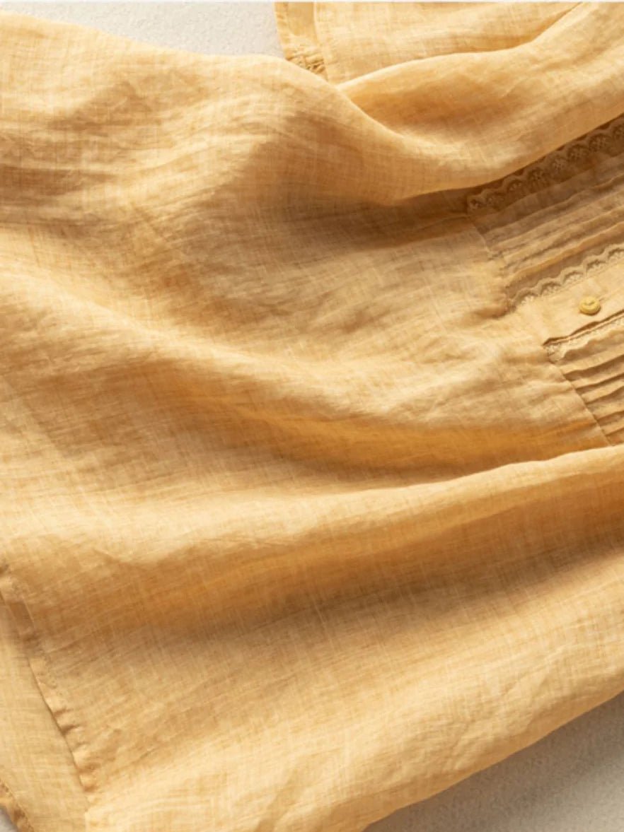 Solid Color Short Sleeve Casual Linen Pleated Top