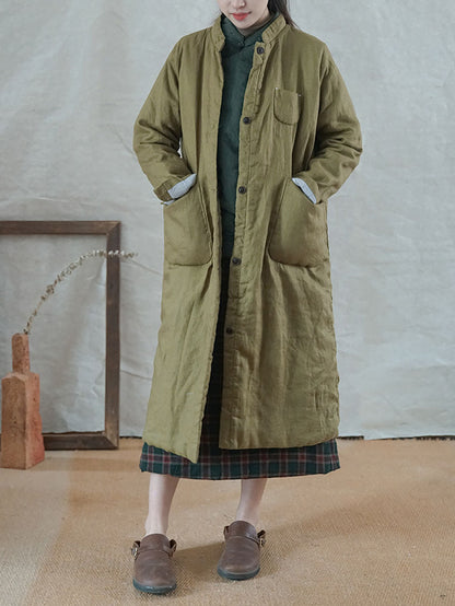Women Winter Casual Button Pocket Solid Padded Coat