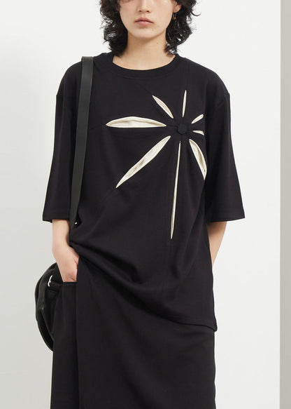 Casual Black O-Neck Print T Shirt Summer