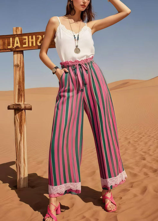 Women Multicolour Striped Patchwork Lace Straight Pants Summer