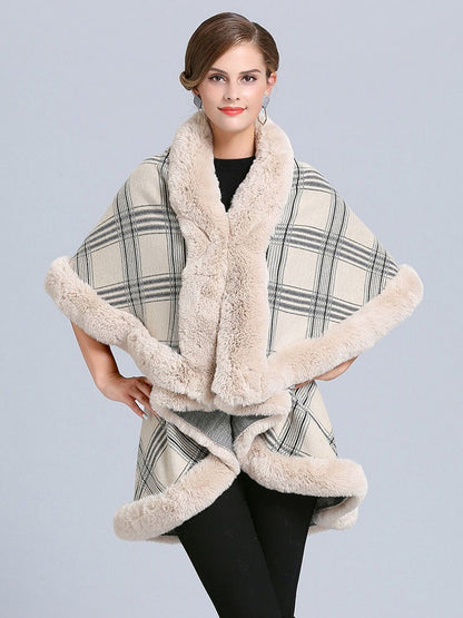 Women Poncho Wrap Faux Fur Collar Double Layer