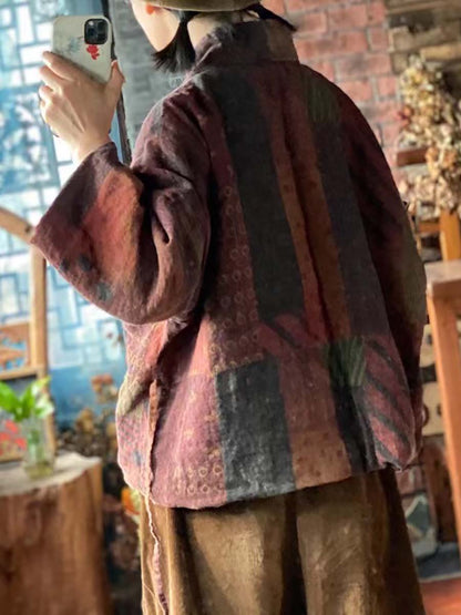 Women Winter Print Drawstring Linen Cotton Coat