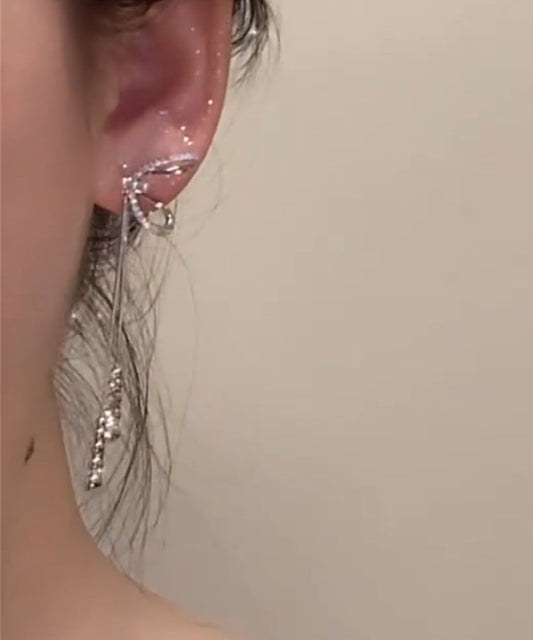Chic Silk Alloy Zircon Bow Tassel Drop Earrings