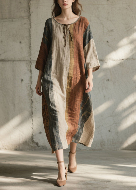 Plus Size Colorblock O Neck Cotton Long Dress Summer