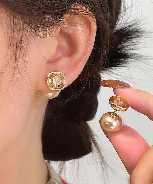 Fashion Champagne Copper Overgild Pearl Two Ways Of wearing It Stud Earrings