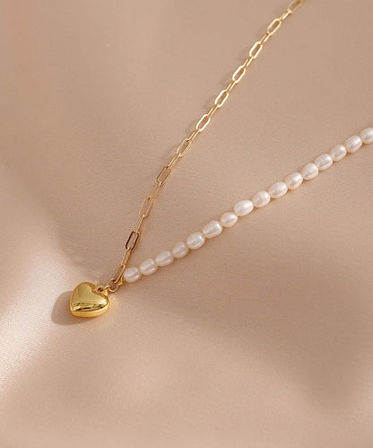 Chic Colorblock 14K Gold Asymmetrical Patchwork Pearl Love Pendant Necklace