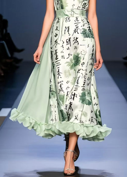 Bohemian Light Green Print Exra Large Hem Silk Cami Dresses Sleeveless