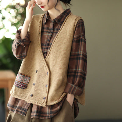 Vintage Knit Loose Double-Breasted Patch Vest
