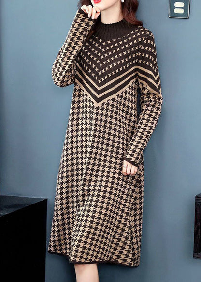 Bohemian Camel High Neck Print Long Knit Dress Long Sleeve