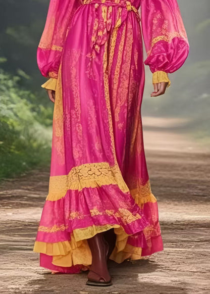Beautiful Rose Cinched Exra Large Hem Silk Vacation Dress Spring