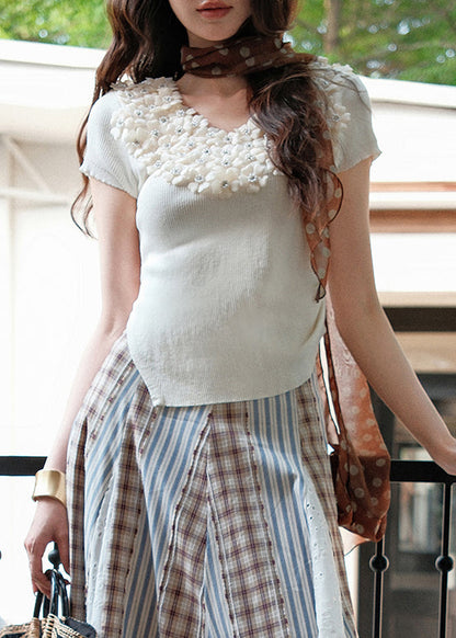 Art Beige V Neck Floral Nail Bead Knit T Shirts Summer
