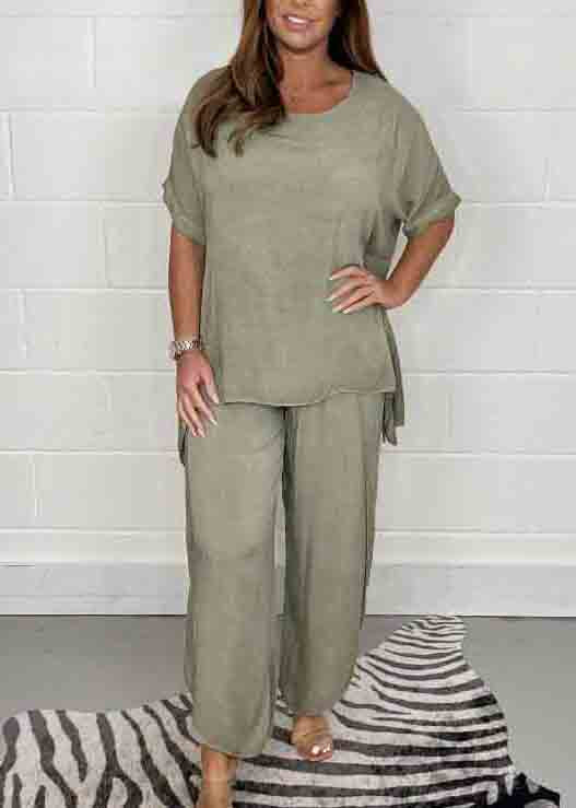 Casual Solid Color Oversized Side Open Linen Two Pieces Set Summer