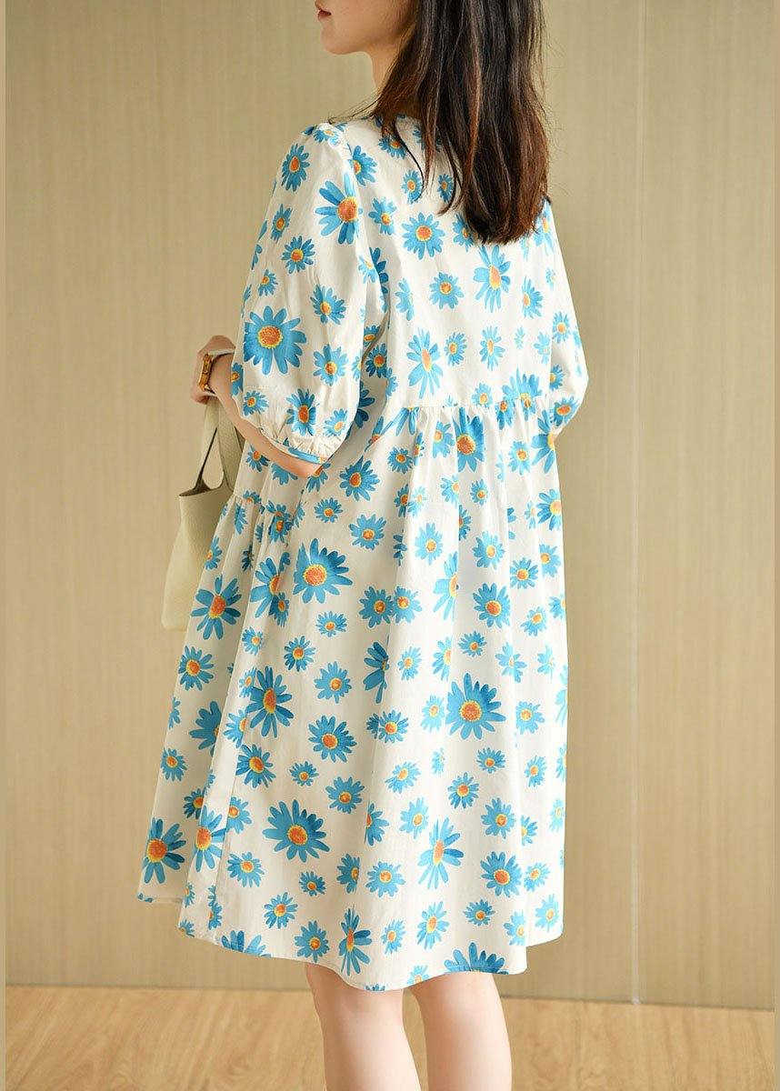 Casual Blue O-Neck Print Summer Cotton Half Sleeve Dresses