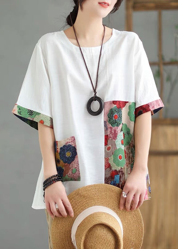 Loose Orange O-Neck Print Tops Short Sleeve