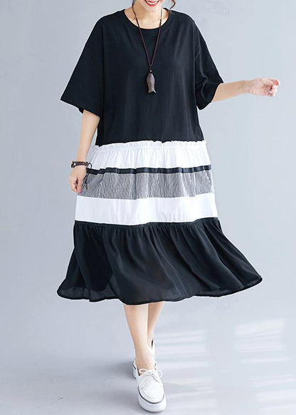 Elegant black patchwork cotton tunics for women o neck long summer Dress