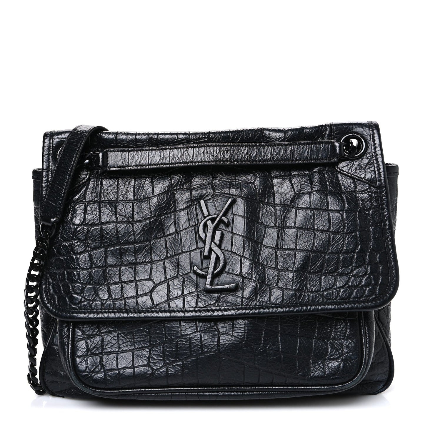 Crocodile Embossed Lambskin Monogram Medium Niki Chain Satchel Black