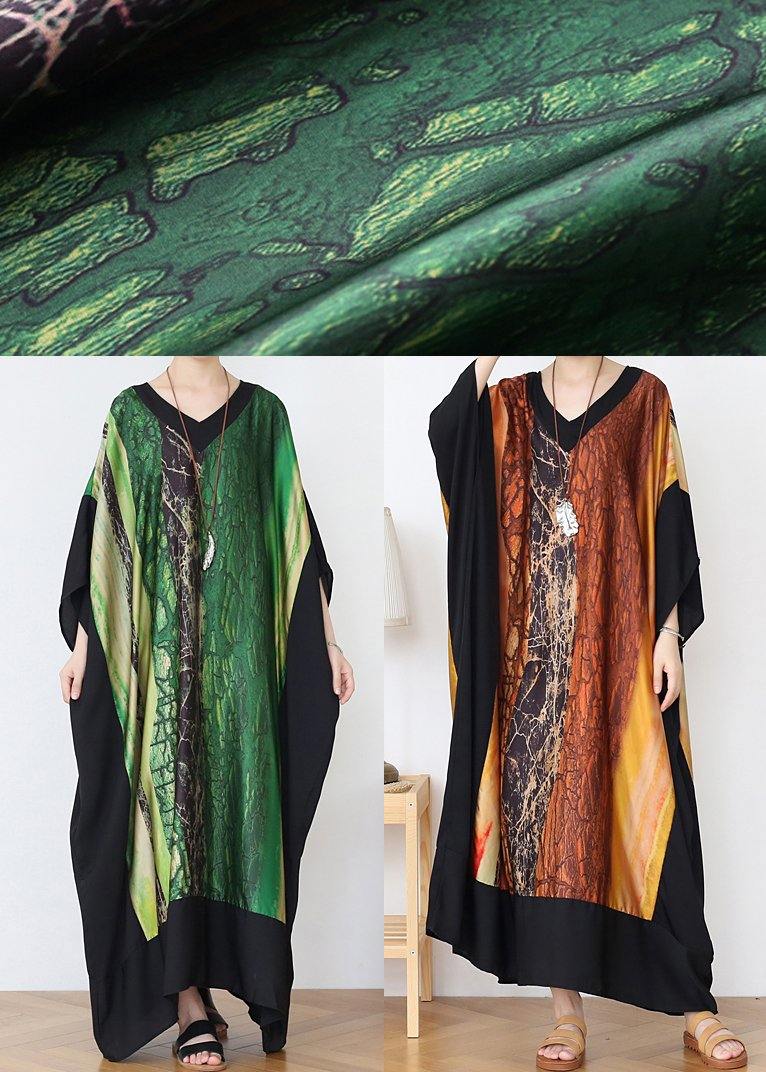 Loose Yellow Print Chiffon V Neck Over size Spring Dresses