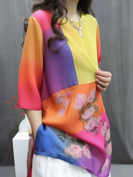 Handmade Green Red Orange O-Neck Print Button Top Summer