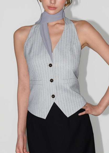 Chic Navy V Neck Striped Button Vest Sleeveless