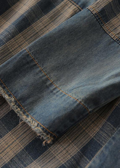 Vivid denim blue plaid Tunic hooded Button Down Plus Size Dress