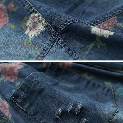 Retro Floral Loose Casual Patchwork Denim Skirt