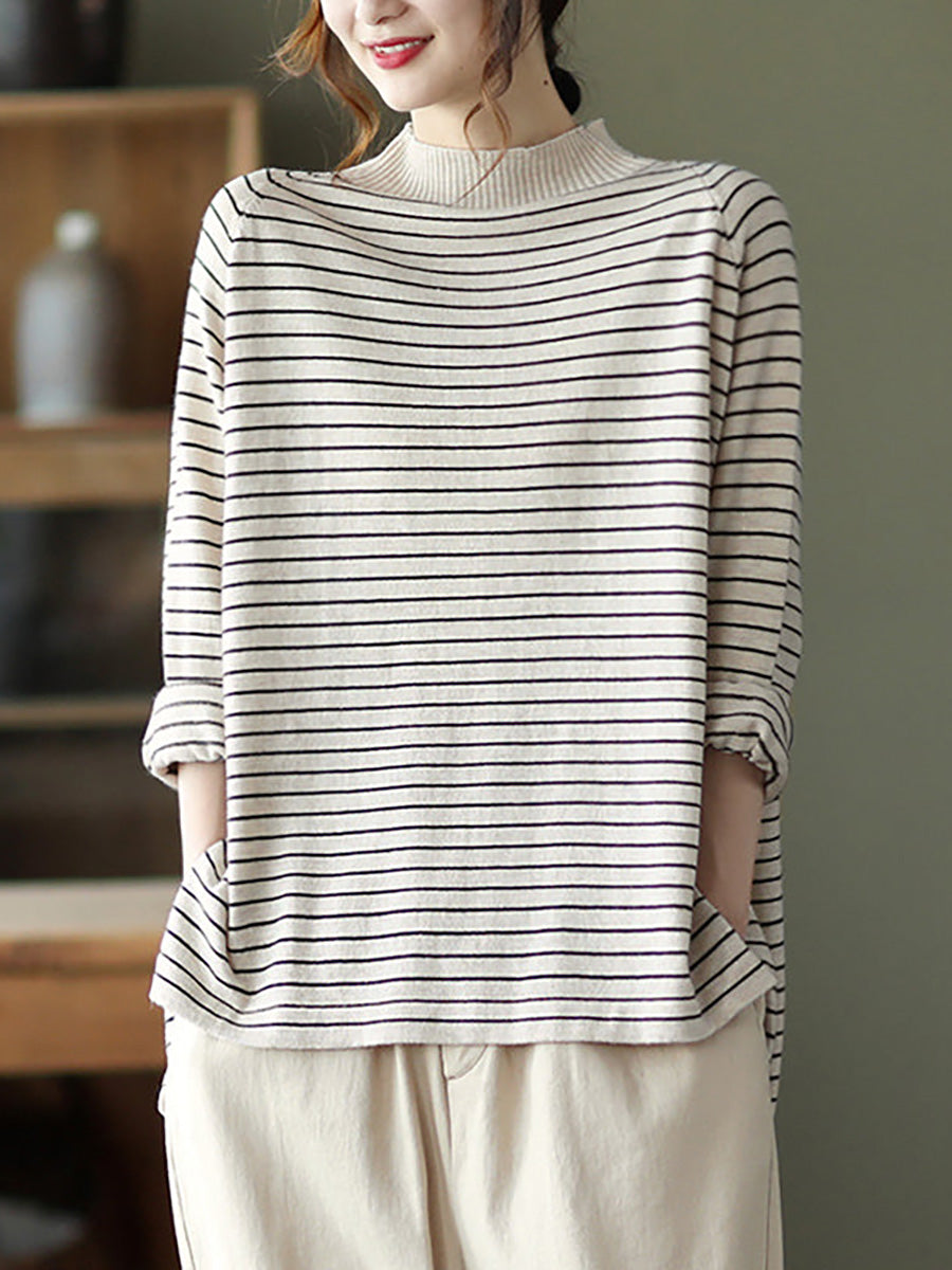 Plus Size - Stripes Turtleneck Knitted Long Sleeve Sweater