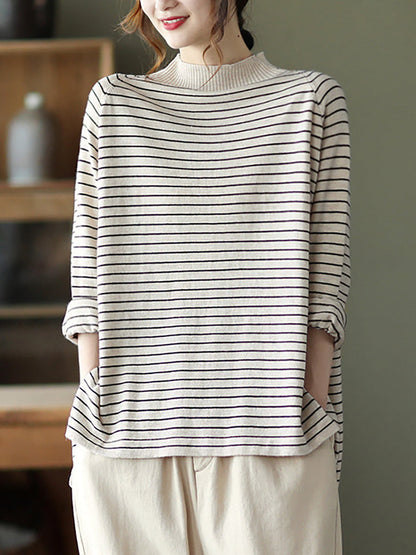 Plus Size - Stripes Turtleneck Knitted Long Sleeve Sweater