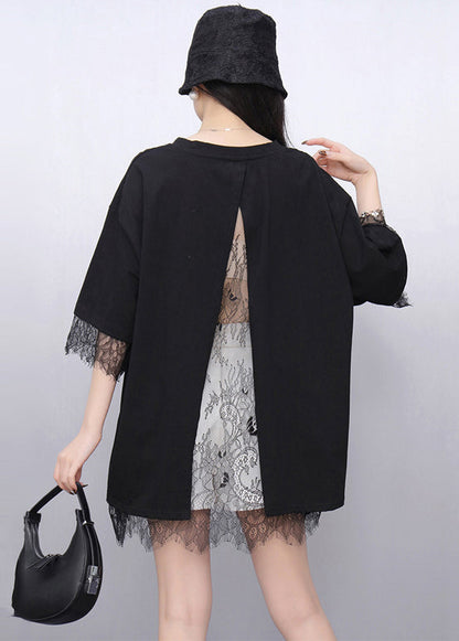 Black Patchwork Lace Tanks Oversized Back Hollow Out Summer