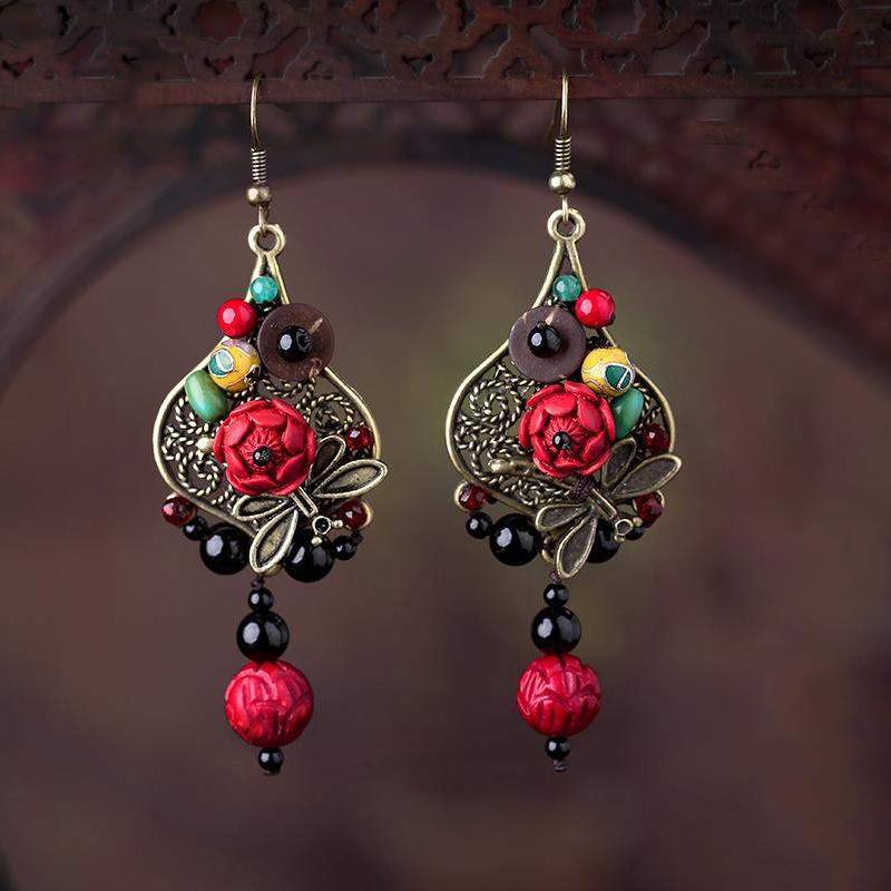 Red Flower Alloy Dragonfly Retro Earrings