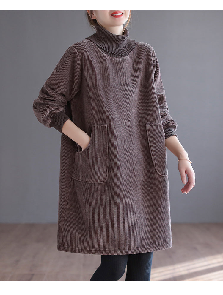 Corduroy Solid Color Plus Velvet Thick Loose Turtleneck Top