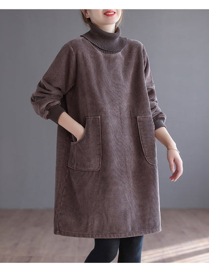 Corduroy Solid Color Plus Velvet Thick Loose Turtleneck Top