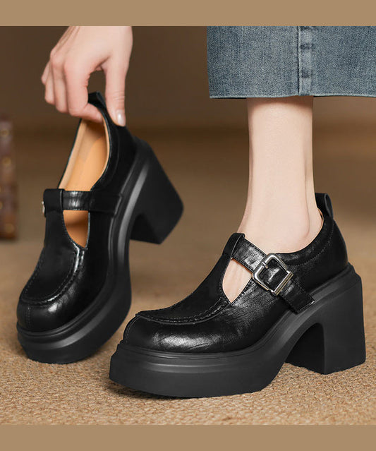 Beige Sheepskin Chunky Heel Loafers Women Splicing Buckle Strap