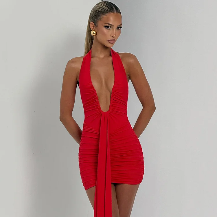 Sexy Sleeveless Halter Low Cut Mini Skirt