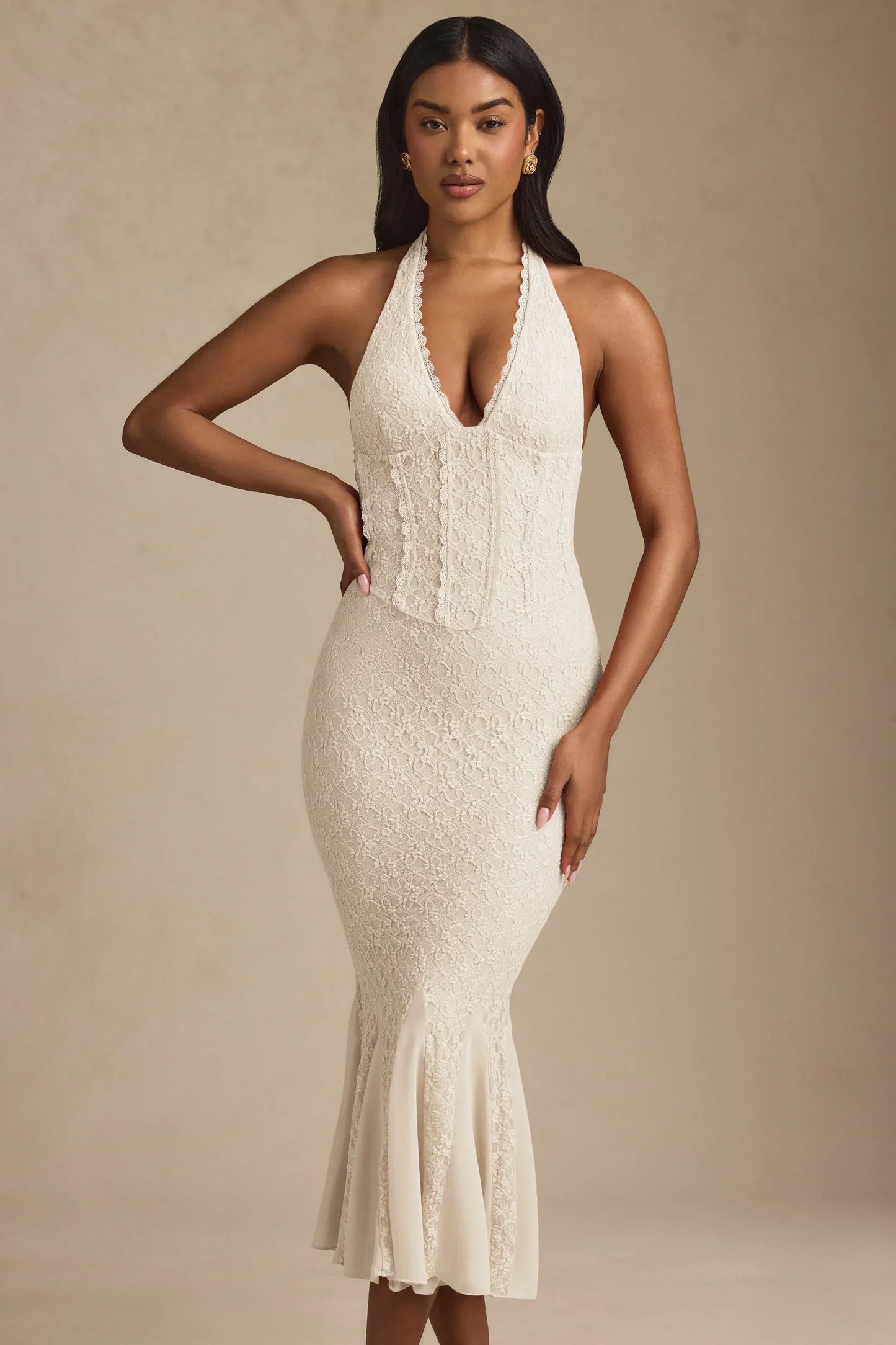 Halterneck Corset Lace Midaxi Dress In Ivory