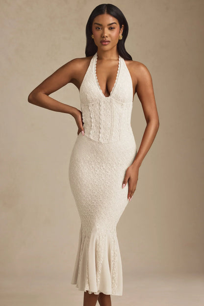 Halterneck Corset Lace Midaxi Dress In Ivory